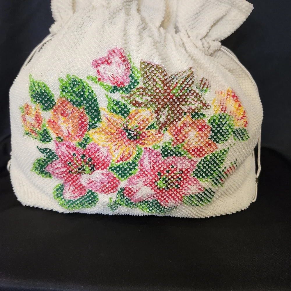 Floral Beaded‎ Satchel Colorful Drawstring Handles Bohemian Hippie Bloomcore